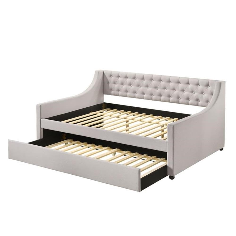 Acme Lianna Tufted Upholstered Full Daybed and Twin Trundle in Beige Fabric