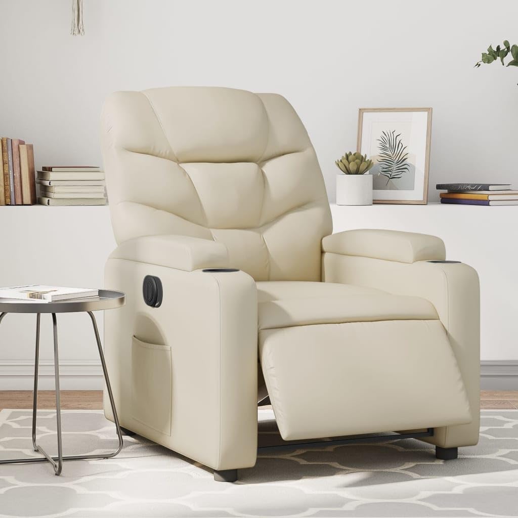 vidaXL Electric Massage Recliner Chair - Upholstered Armchair, Faux Leather, Cream - Adjustable Lounge Seating with Vibration Massage, Cup Holders for Living Room, 3206056