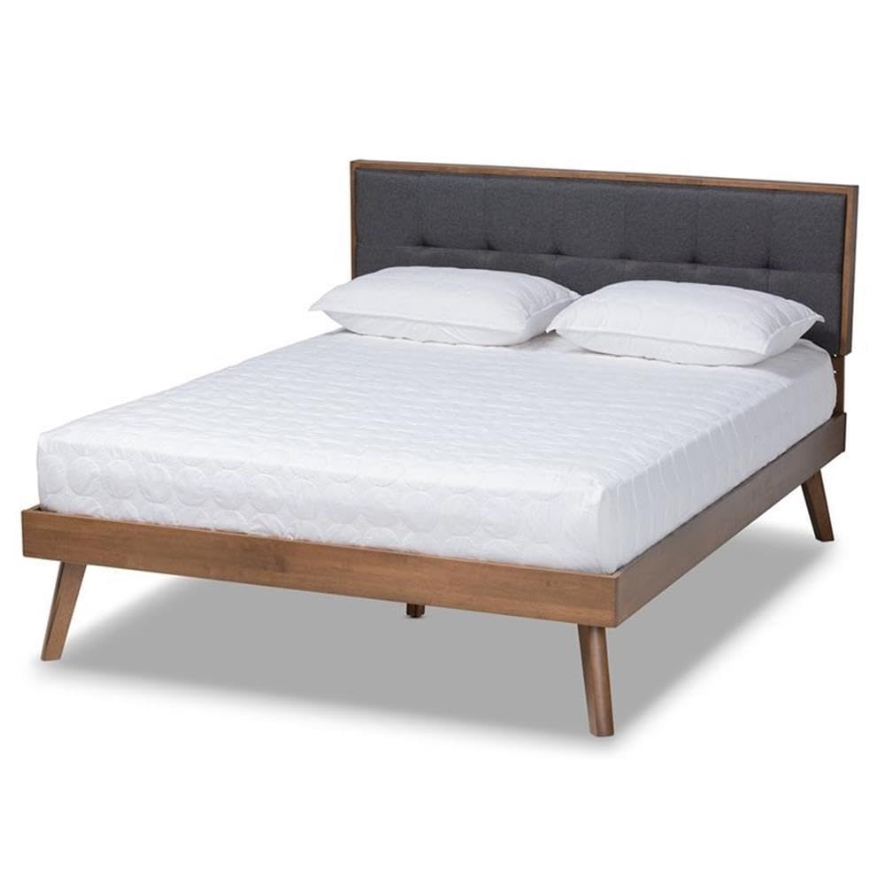 Baxton Studio Alke Mid-Century Modern Dark Grey Fabric Upholstered Walnut Brown Finished Wood Queen Size Platform Bed