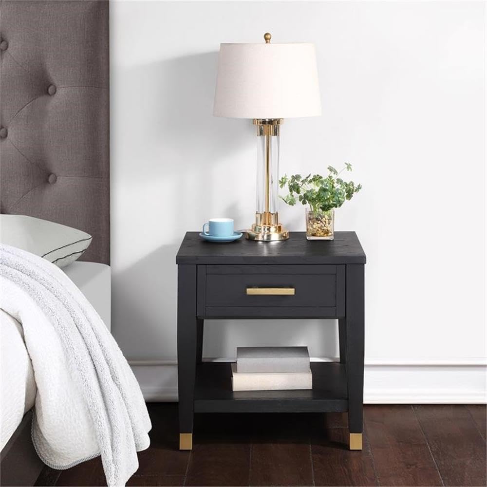 Steve Silver Furniture Modern Black End Brushed Brass Accents, Storage Drawer & Bottom Shelf-Ash Veneers Table, 24 x 22 x 24