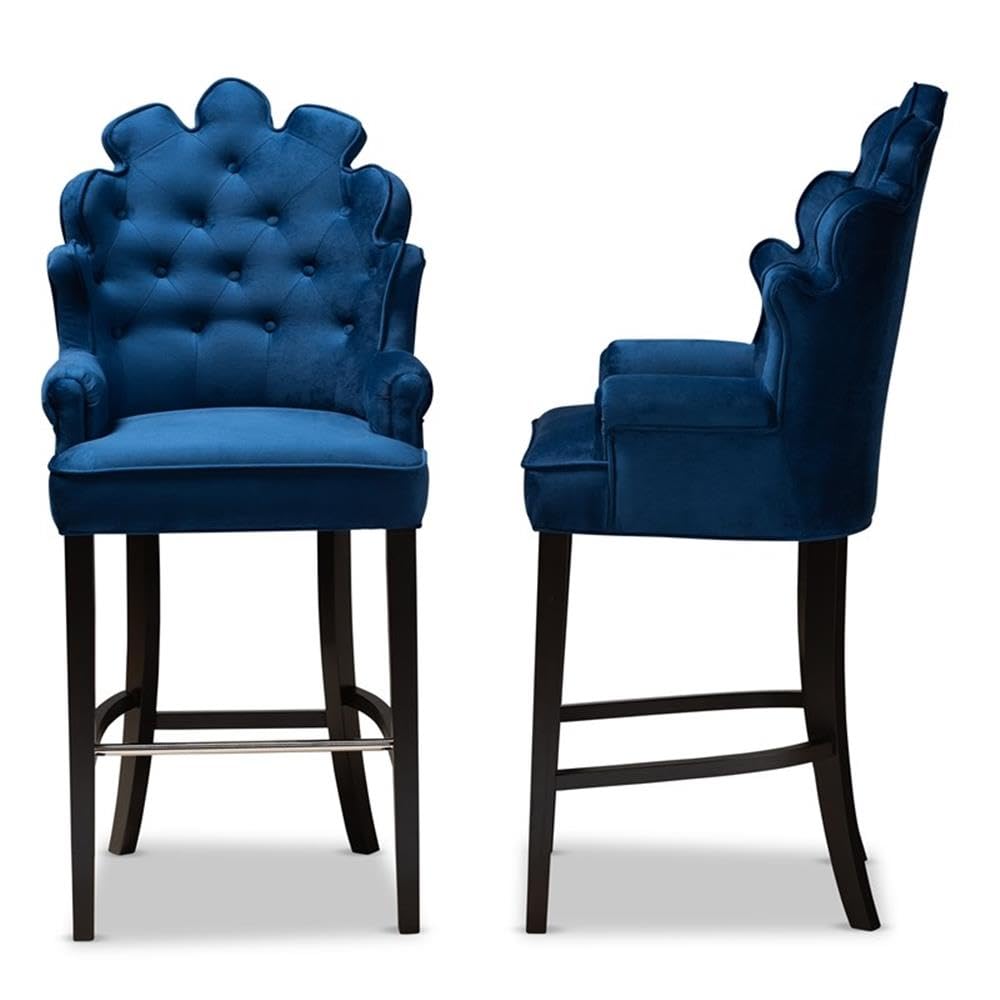 Baxton Studio Chloe Modern and Contemporary Navy Blue Velvet Upholstered and Dark Brown Finished Wood 2-Piece Bar Stool Set