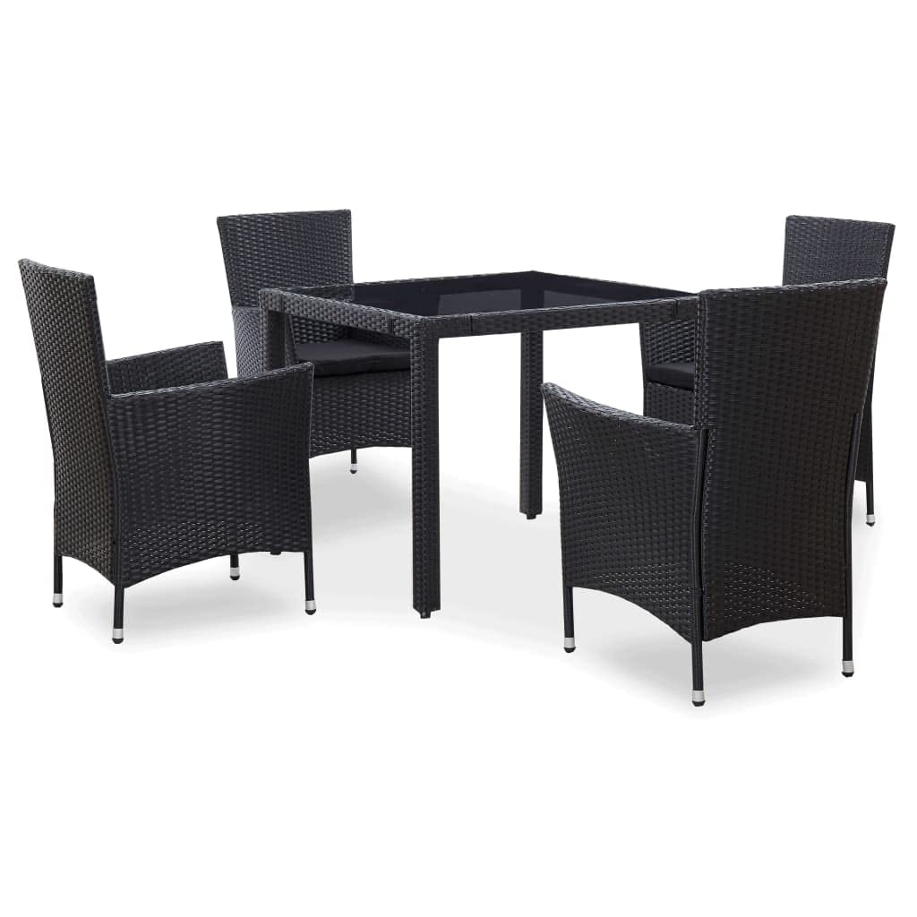 vidaXL Poly Rattan Patio Dining Set - Black Outdoor Furniture with Cushions, Steel Frame, Glass Table, Garden/Poolside Seating