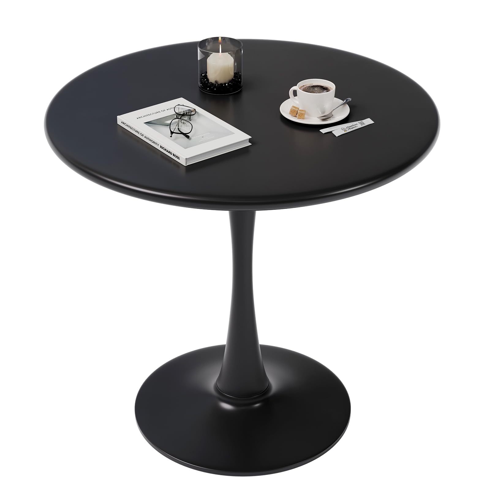 24 Inch Black Small Tulip Table, Round Dining Table For 2 Person With Pedestal Base For Kitchen, Circle Bistro Table, Mid Centur