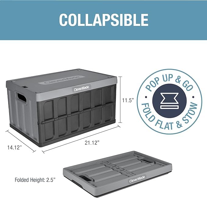 Clevermade Collapsible Storage Bin (With Lid), Stone, 3Pk - 46L (12 Gal) Folding Plastic Stackable Utility Crates, Holds 75Lbs P
