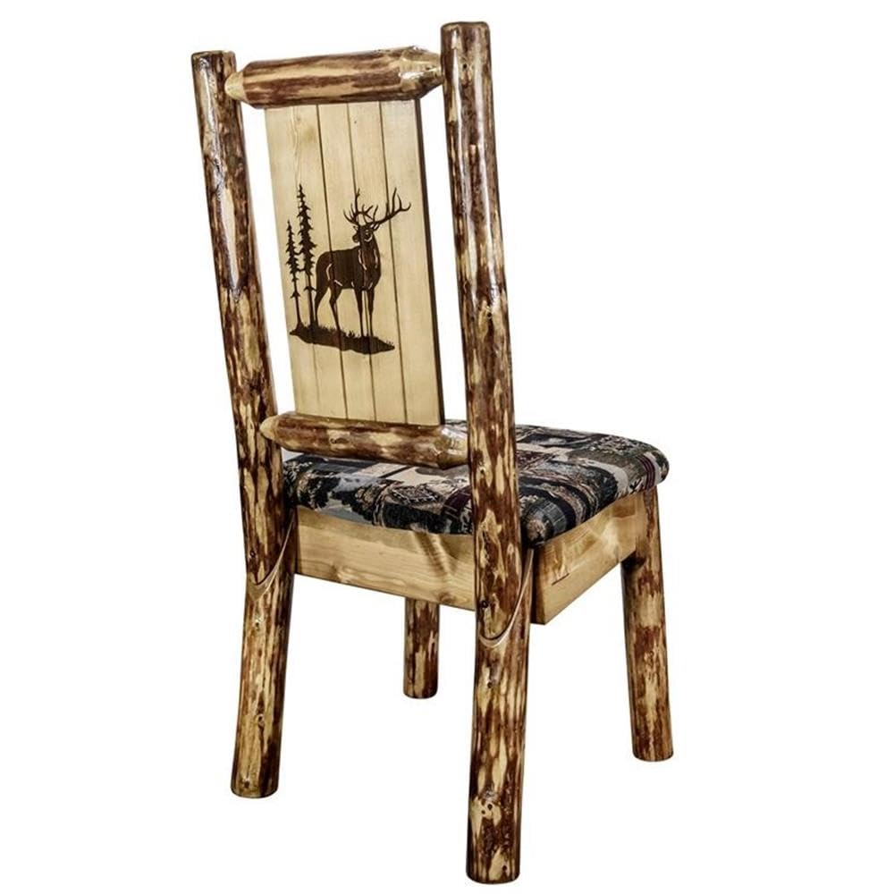 Montana Woodworks Glacier Country Collection Side Upholstered Chair, Woodland Pattern with Laser Engraved Elk Design, Stained and Lacquered