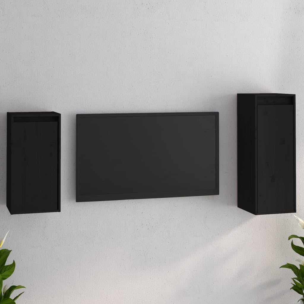 vidaXL TV Stand 2 Pcs Home Living Room Entertainment Center HiFi Cabinet TV Stand Wall Mounted Shelf Unit Furniture Solid Wood Pine Black