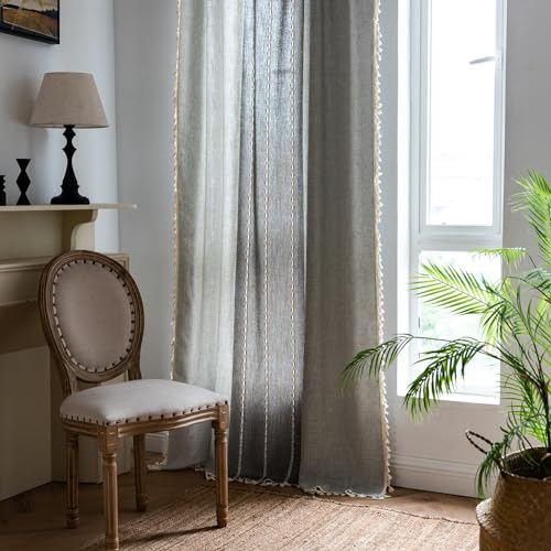 Sutuo Home Boho Curtains For Bedroom Dining Room, Semi Blackout Linen Farmhouse Shabby Chic Tassels Window Treatment Bohemian Embroidery Drape, Rod Pocket 1 Panel 52' W X 84' L, Gray Linen