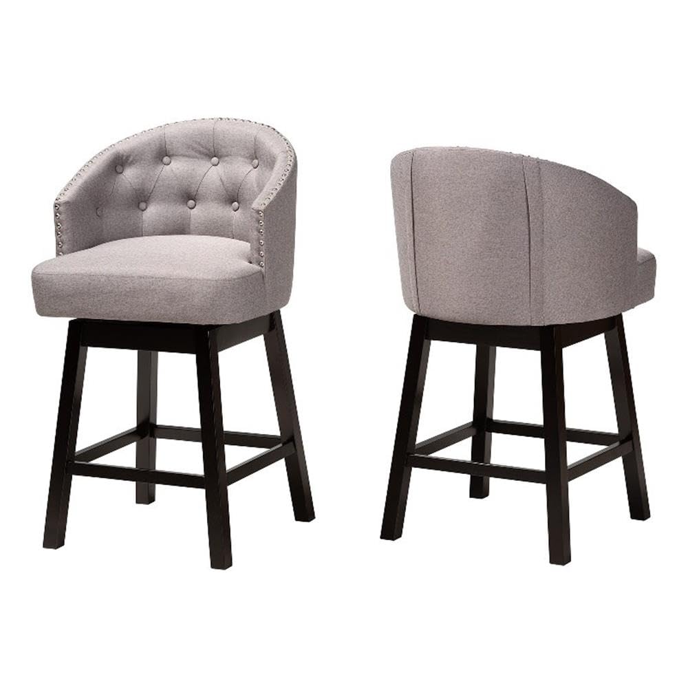 Baxton Studio Theron Mid-Century Transitional Grey Fabric and Espresso Brown Finished Wood 2-Piece Swivel Counter Stool Set