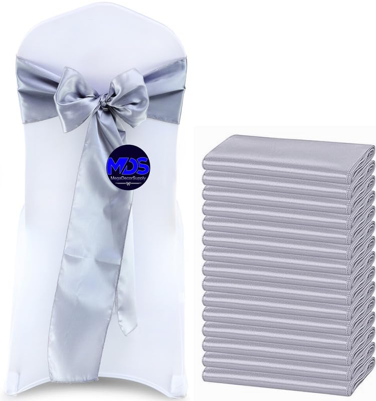 Mds Pack Of 125 Pcs Satin Chair Sashes Charmeuse Sateen Dining Chair Bows Ribbon Ties Back Sash For Wedding Party Birthday Home Hotel Restaurant Banquet Decoration (7 X 108 Inch, Light Silver)