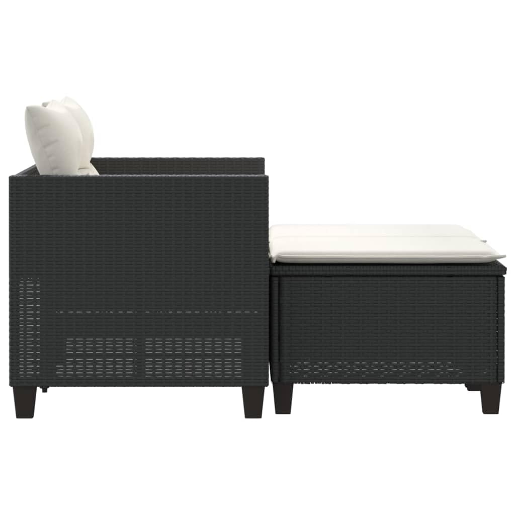 vidaXL Black Poly Rattan Patio Sofa 2-Seater with Stools - Powder-Coated Steel Outdoor Furniture - Cushions with Washable Covers