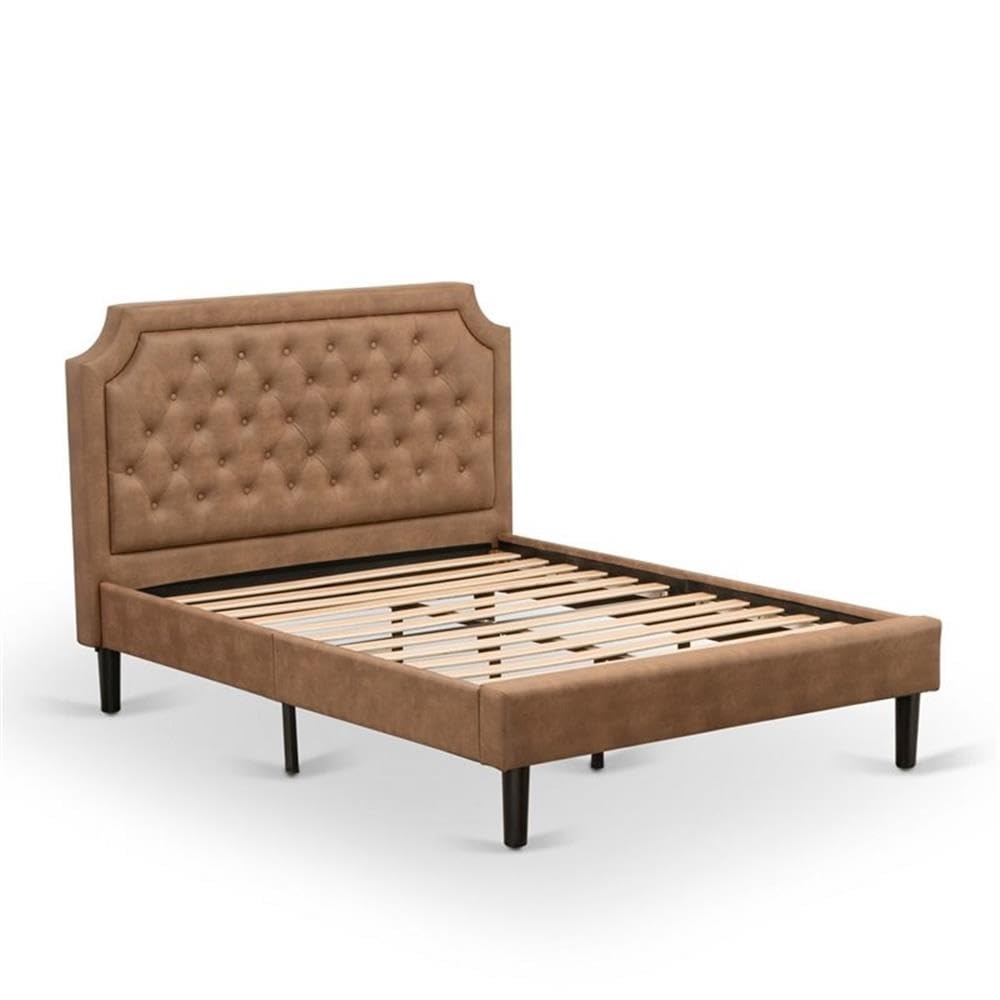 East West Furniture GB28F-1HI0M 2-Piece Platform Full Bed Set with Button Tufted Bed Frame and an Antique Mahogany Mid Century Modern Nightstand - Brown faux Leather with Brown Texture and Black Legs