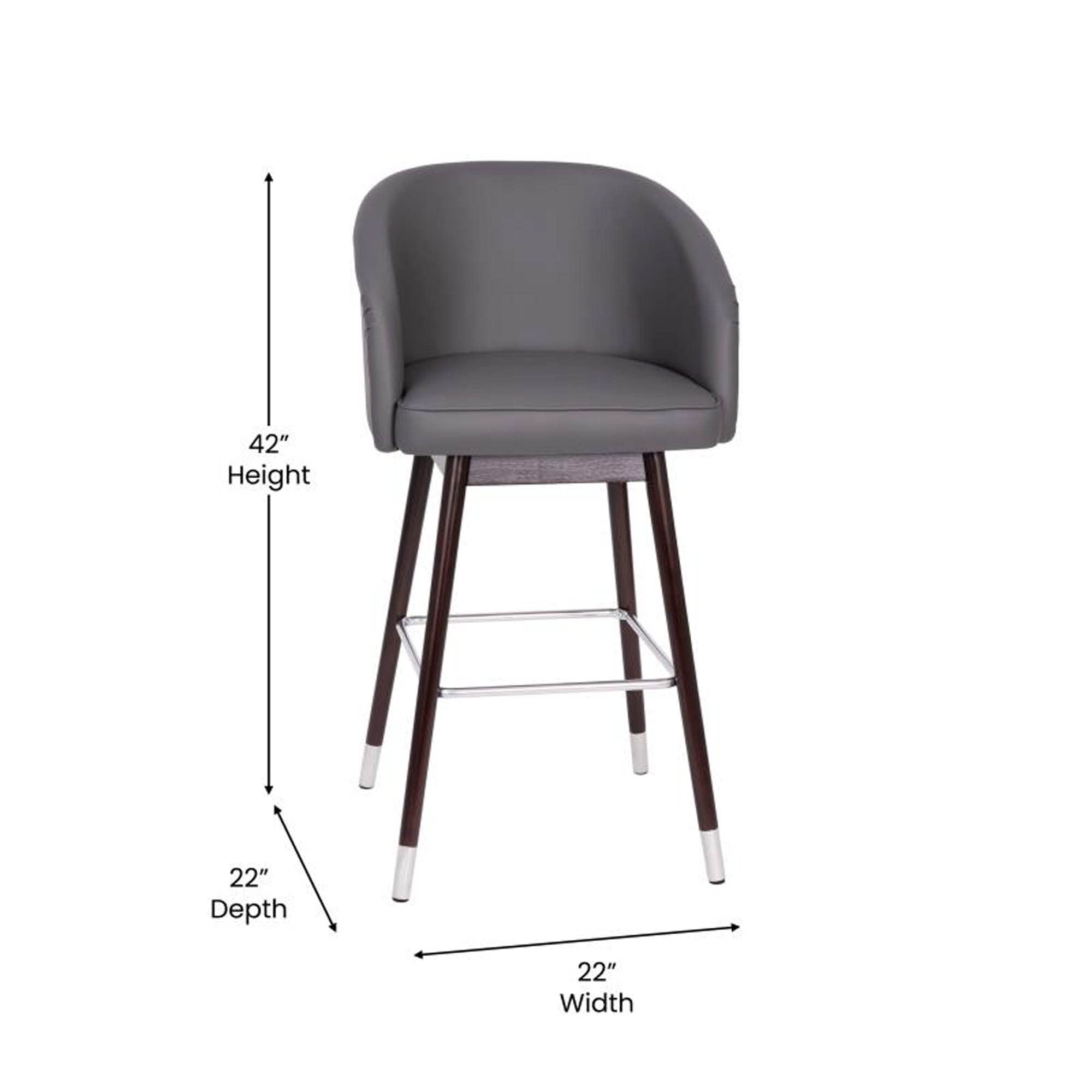 Flash Furniture Margo Commercial Grade Mid-Back Barstool - Gray Leathersoft Upholstery - Walnut Finish Beechwood Legs With Brushed Silver Accents - 30' Bar Stool
