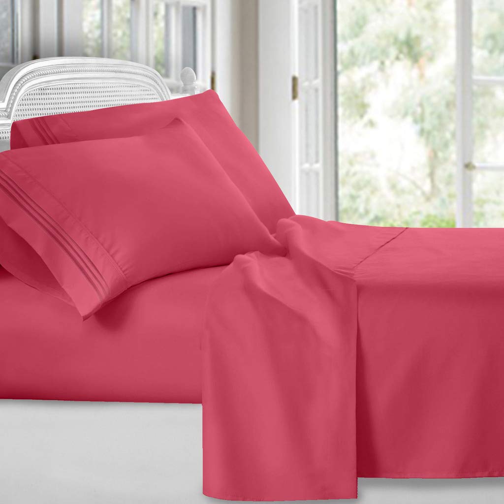 Clara Clark Bed Sheets, Premier 1800 Series 4 Piece Bed Sheet Set, Deep Pocket, Wrinkle, Fade, Stain Resistant, Luxury Soft Bedding Sheets & Pillowcases, Queen, Coral Pink