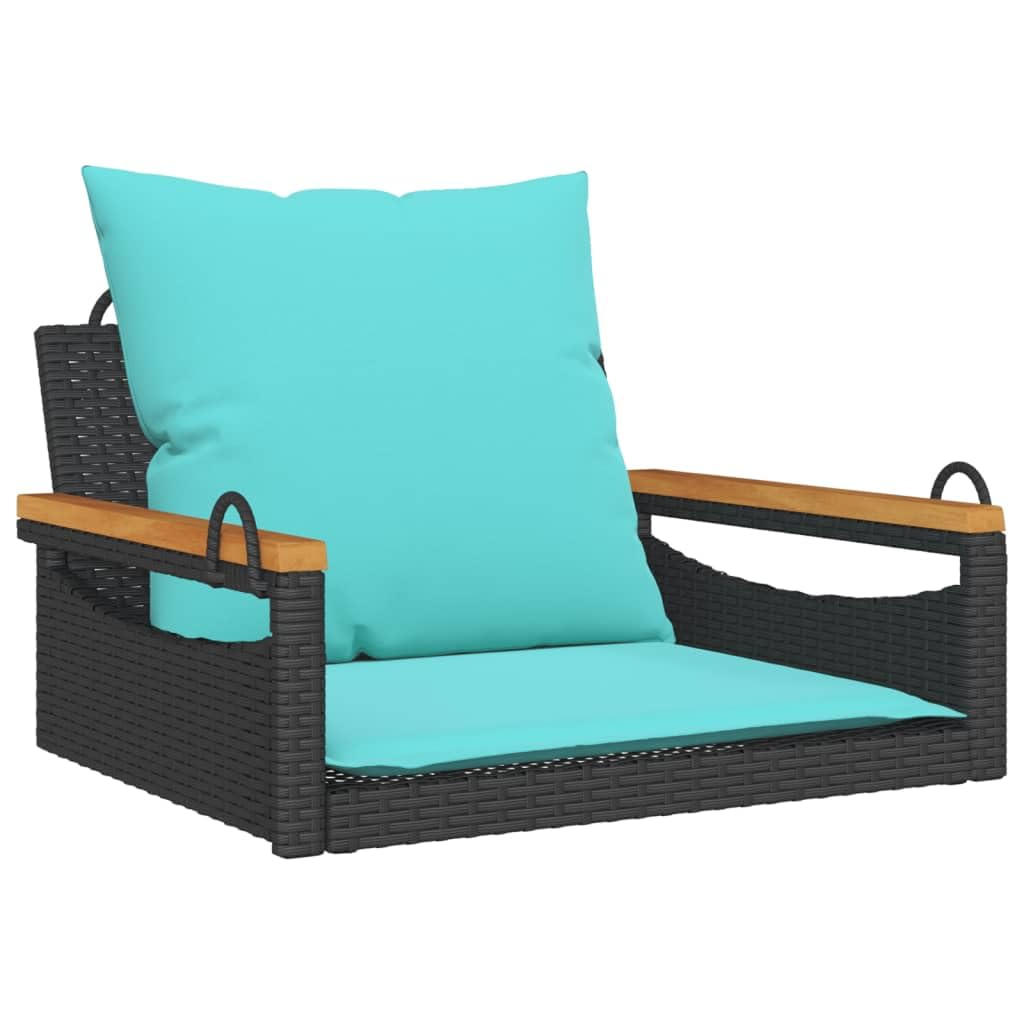 vidaXL Black Poly Rattan Swing Bench w/Blue Cushions - Outdoor/Garden Hammock Chair - 24.8&quot;x24.4&quot;x14.6&quot; - PE Rattan, Steel & Acacia Wood