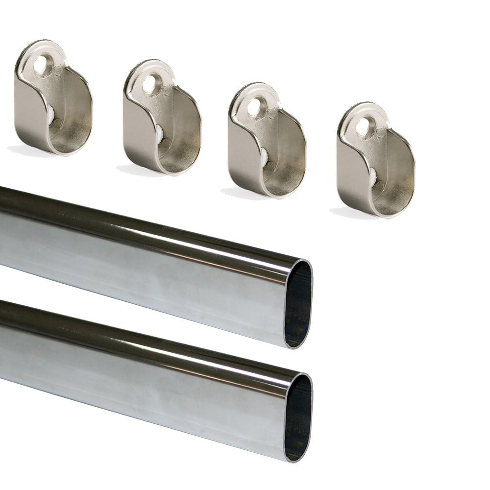 Emuca  Set of 950mm wardrobe oval rail with supports, chromed, Pack of 2