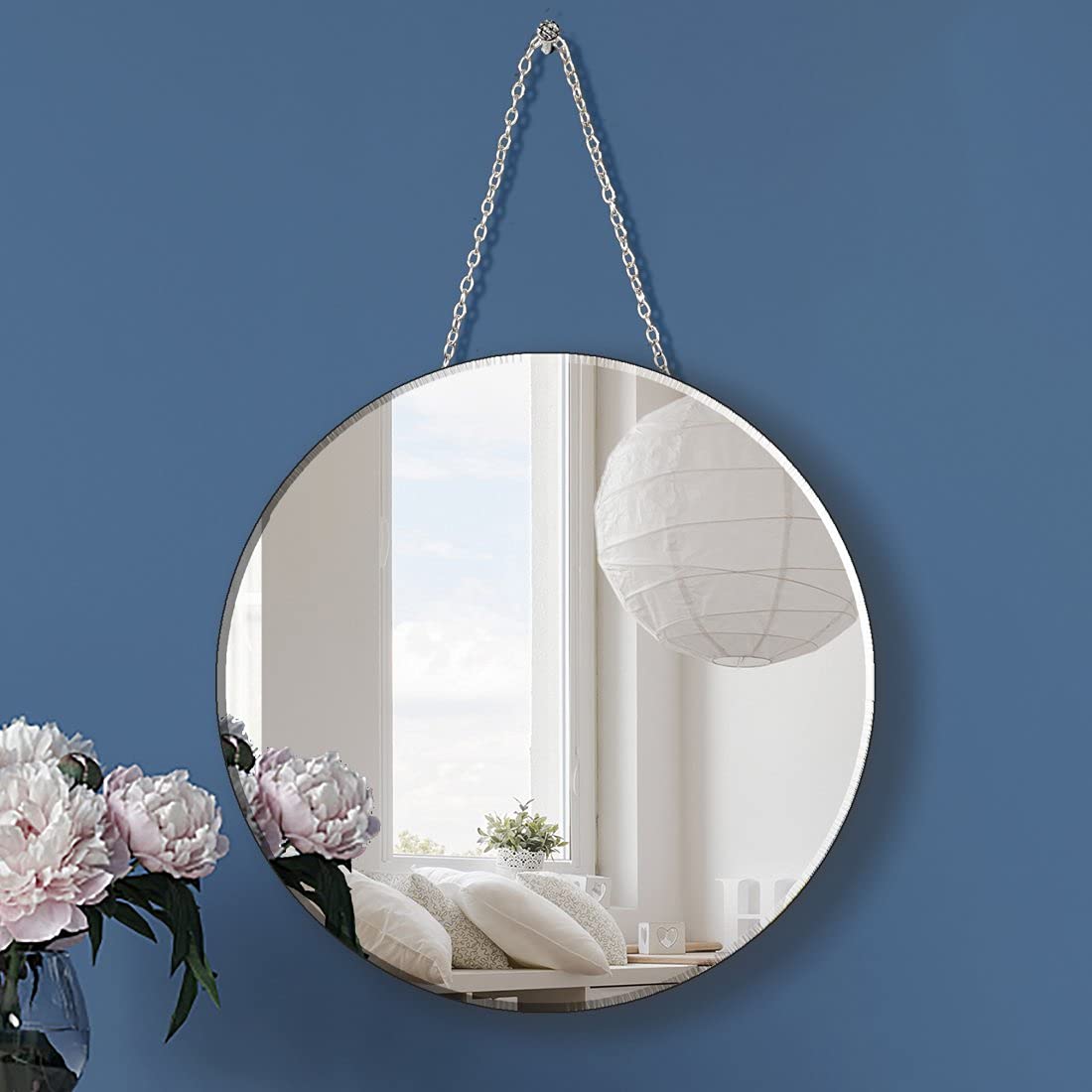 QMDECOR Round Silver Mirror with Iron Chain for Wall Decor Diameter Circle 11.5 inch Wall Hang Frame Less Mirror Small Handicraf
