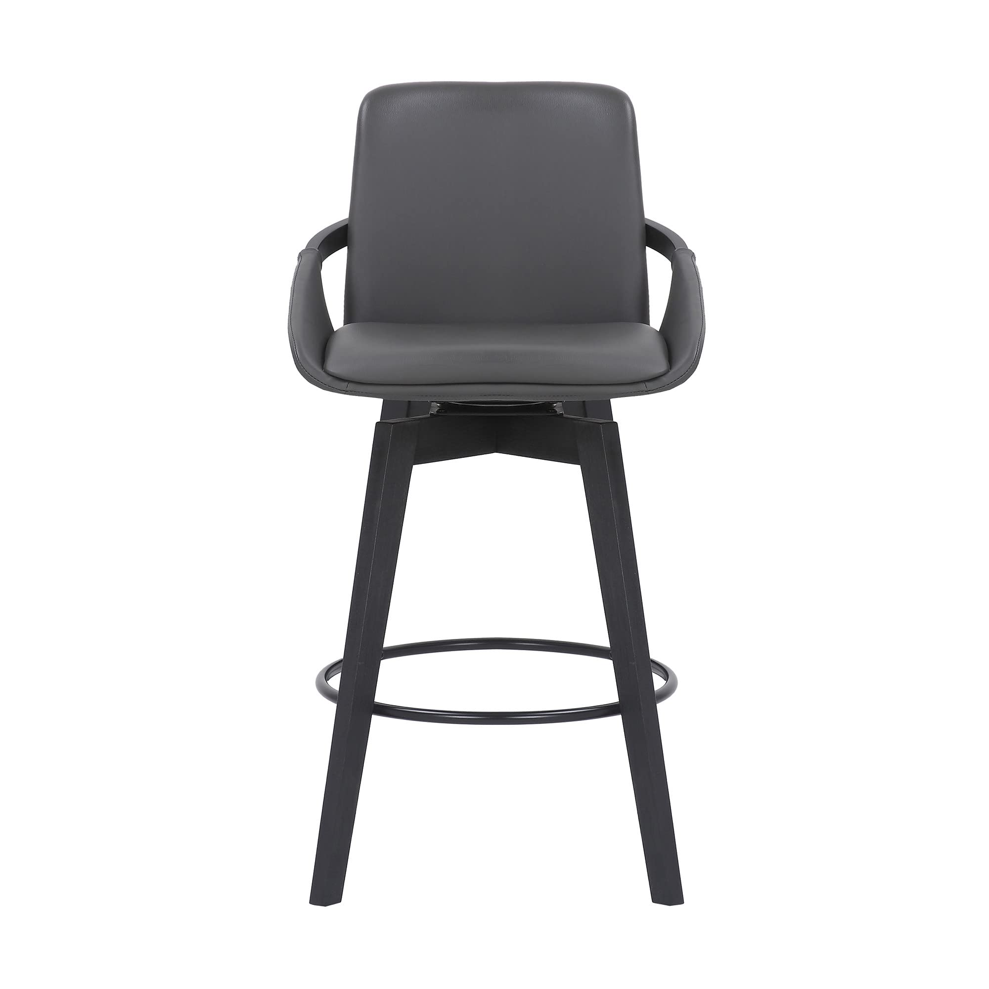 HomeRoots Gray Metal, Wood, Faux Leather 26' Luxurious Grey Faux Leather and Black Wood Swivel Bar Stool
