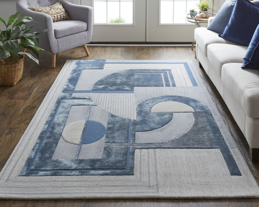 HomeRoots 515048 9 x 12 ft. Blue Ivory & Gray Wool Striped Hand Tufted Handmade Rectangle Area Rug
