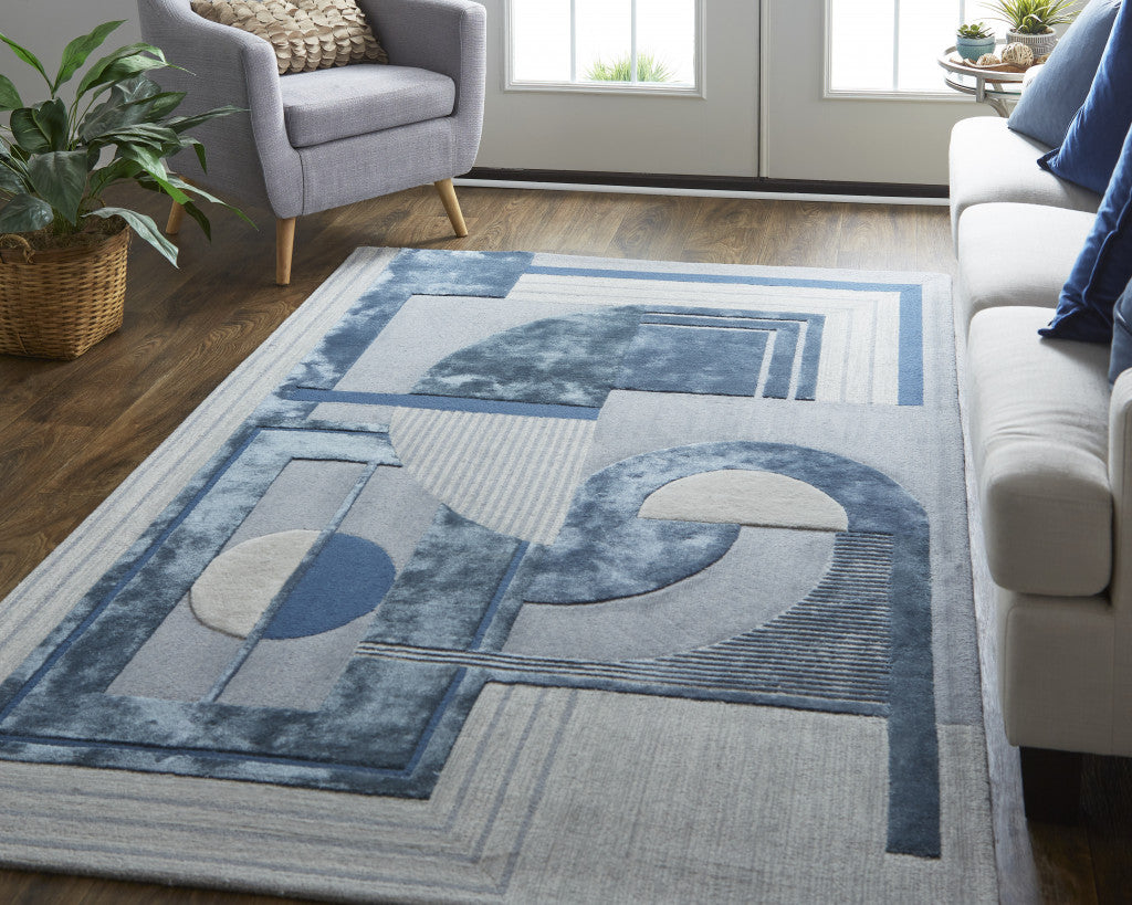 HomeRoots 515048 9 x 12 ft. Blue Ivory & Gray Wool Striped Hand Tufted Handmade Rectangle Area Rug