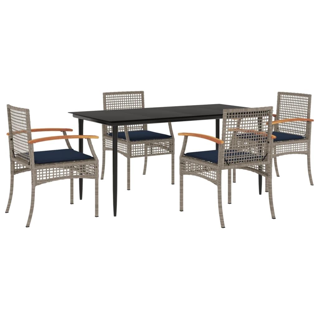 vidaXL Patio Dining Set with Cushions - Gray Poly Rattan - 5 Piece Outdoor Garden Furniture - Tempered Glass Tabletop - Acacia Wood Chairs - Removable Covers - UV-Resistant - Assembly Required