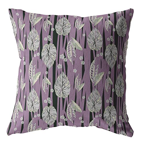 HomeRoots Pink and White Broadcloth 20â€ Lavender Black Fall Leaves Indoor Outdoor Throw Pillow