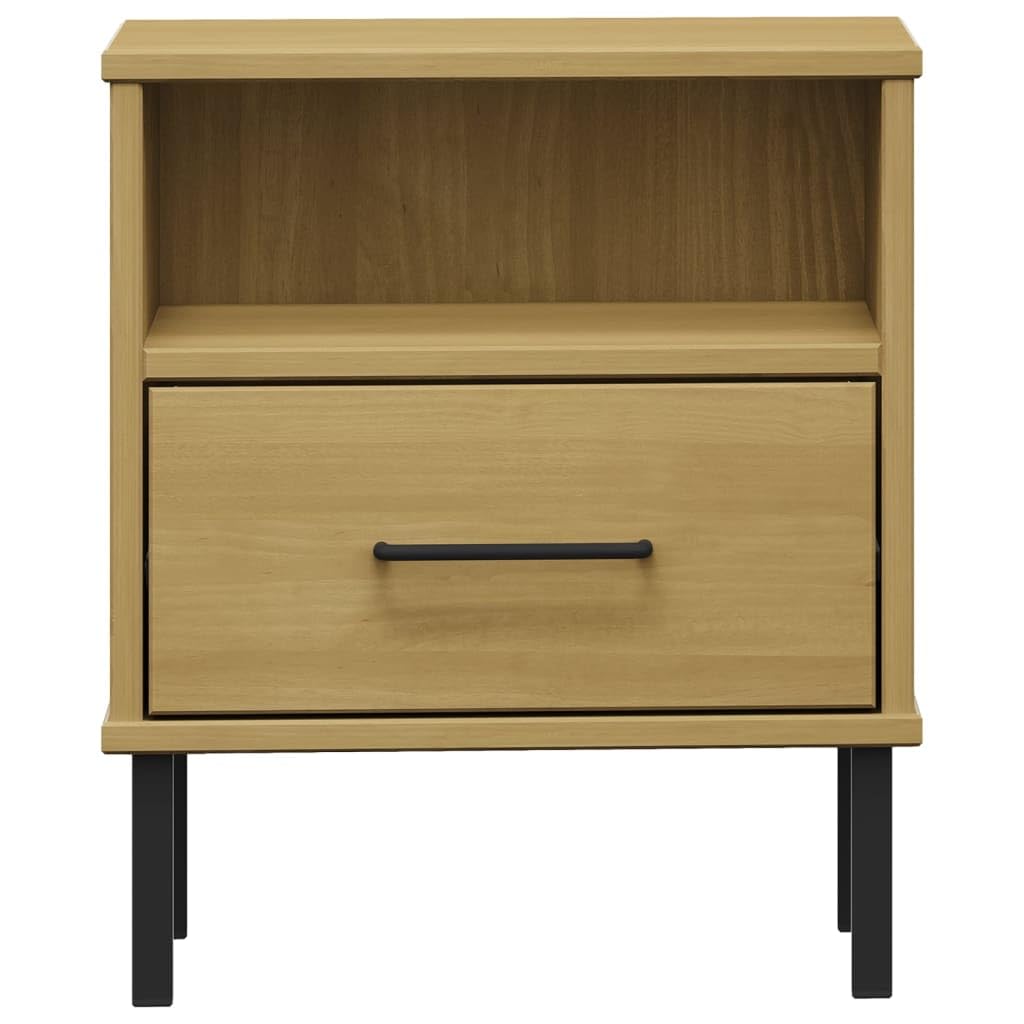 vidaXL Brown Bedside Cabinet in Solid Pine Wood with Metal Legs - Industrial Style Drawer and Compartment Bedroom Furniture - Oslo Range