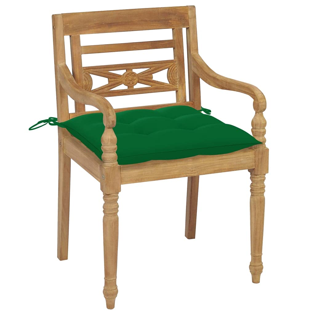 vidaXL 2X Solid Teak Wood Batavia Chair with Green Cushions Garden Outdoor Patio Balcony Dinner Dining Lounge Seating Chairs Wooden