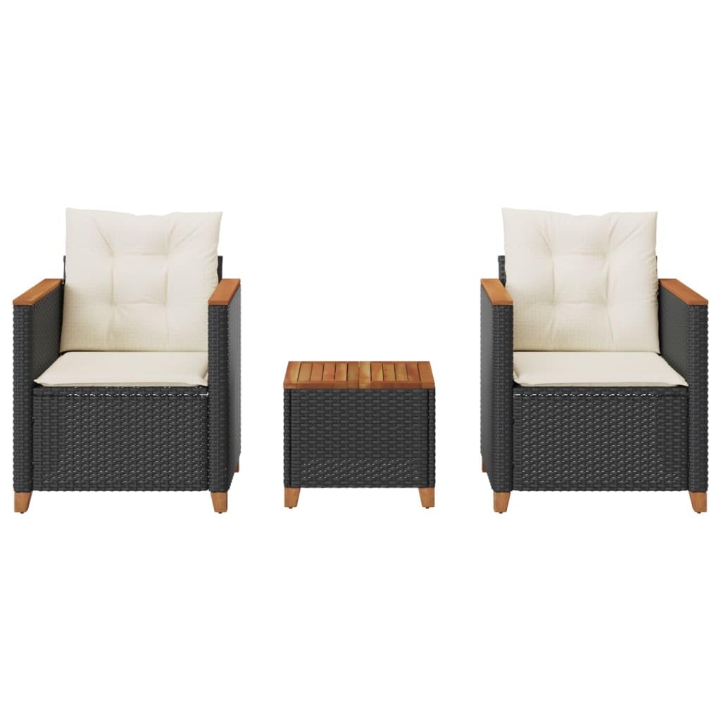 vidaXL 3-piece Bistro set with cushions poly rattan and acacia wood black