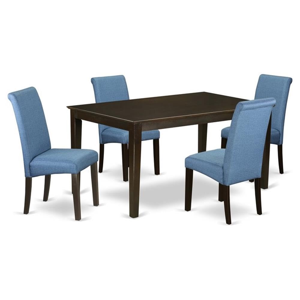 East West Furniture Caba5-Cap-21 5 Piece Kitchen Table & Chairs Set Includes A Rectangle Dining Room Table And 4 Blue Color Linen Fabric Parsons Dining Room Chairs, 36X60 Inch, Cappuccino