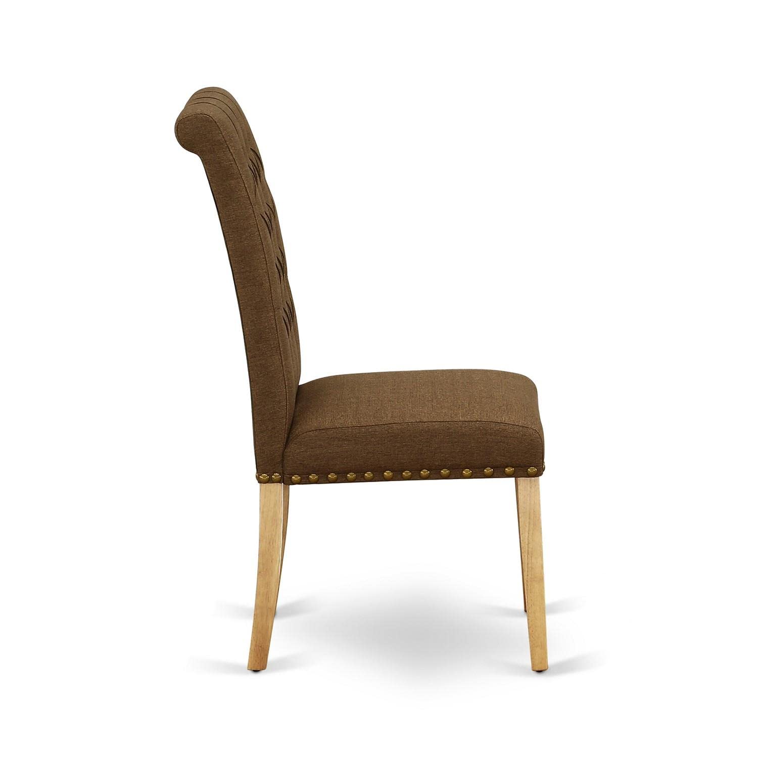 East West Furniture Brp4T18 Bremond Parson Kitchen Chairs - Button Tufted Nailhead Trim Brown Linen Linen Fabric Upholstered Dining Chairs, Set Of 2, Oak