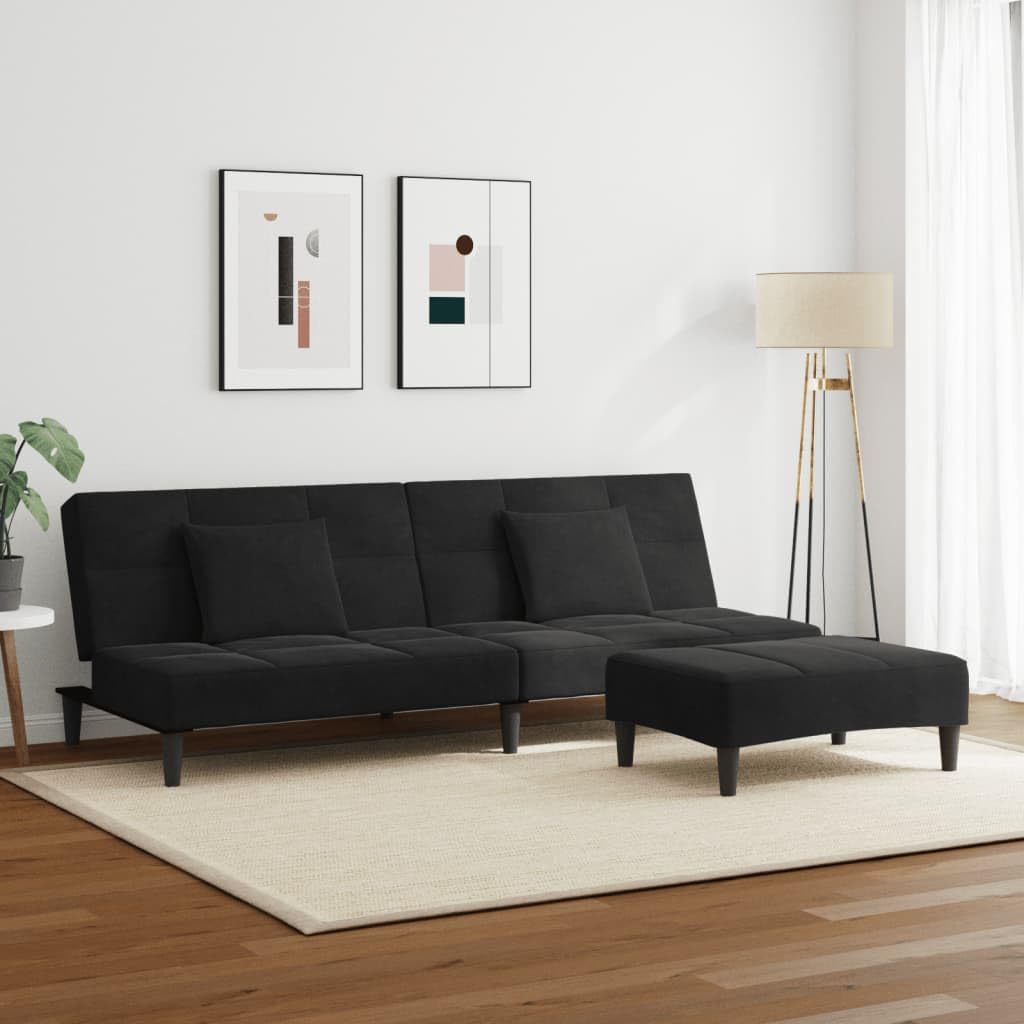 vidaXL 2-Seater Sofa Bed with Footstool Black Velvet - Convertible Sleeper Couch for Living Room/Office