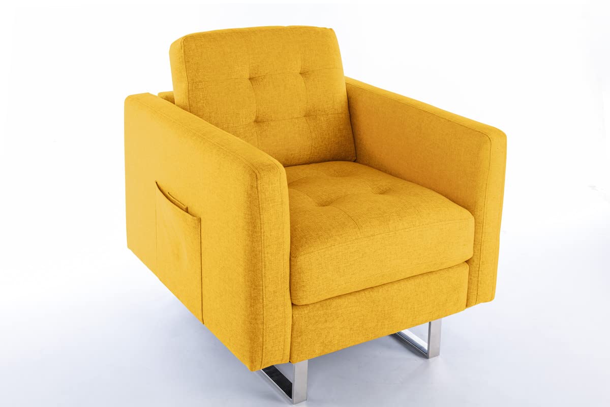 Lilola Home Victoria Yellow Linen Fabric Armchair with Metal Legs, Side Pockets, and Pillow
