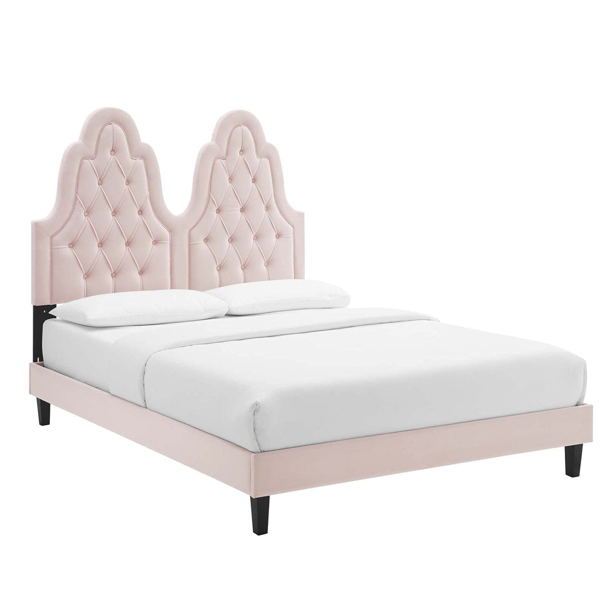 Modway Alexandria Tufted Performance Velvet Platform Bed with Black Wood Legs, Full, Pink