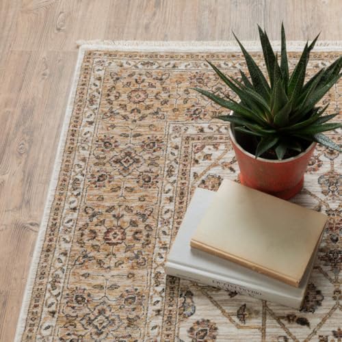 HomeRoots 509385 8 x 11 ft. Ivory & Gold Oriental Power Loom Stain Resistant Rectangle Area Rug with Fringe