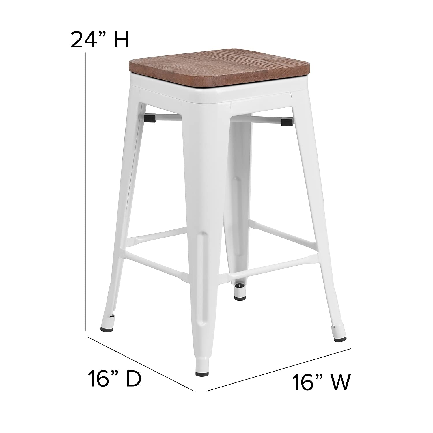 Flash Furniture Lily 24&quot; High Backless White Metal Counter Height Stool With Square Wood Seat (Pack Of 1)