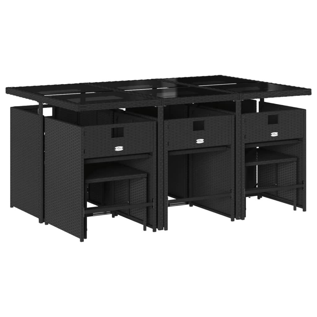 vidaXL Patio Dining Set with Cushions, 11-Piece Black Poly Rattan Furniture, Outdoor Garden/Backyard/Deck/Patio Dining Set, Foldable Chairs, Storage-Stools, Washable Covers, Tempered Glass Tabletop