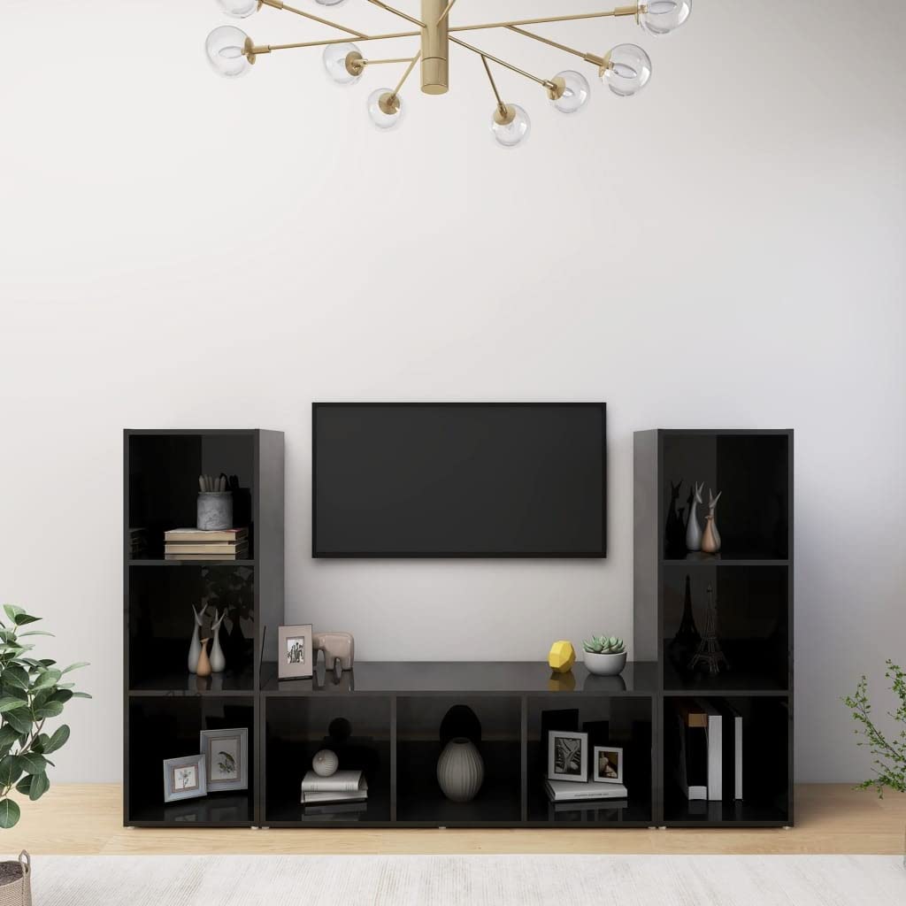 vidaXL 3X TV Cabinets Home Indoor Bedroom Living Room Entertainment Center TV Stand Media Unit Furniture High Gloss Black Engineered Wood
