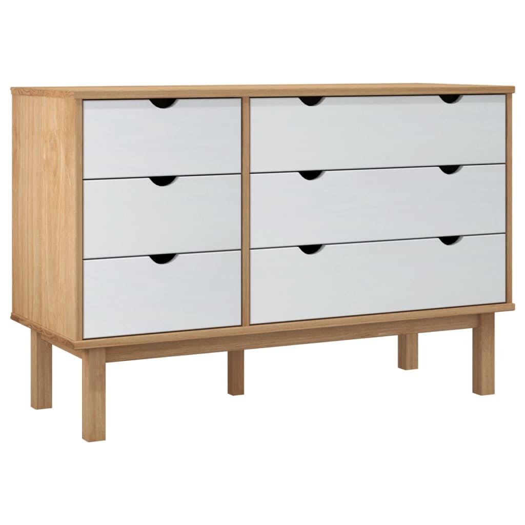vidaXL Scandinavian Style Drawer Cabinet OTTA – Solid Pinewood, Brown and White, Spacious Storage Space with 6 Drawers, Sturdy Frame and Top, Flexible Installation, Complies with California Propos...