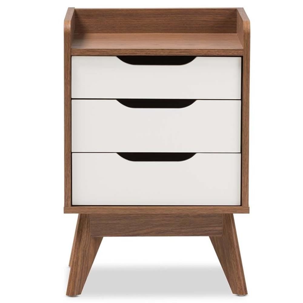 Baxton Studio Brighton Mid-Century Modern White and Walnut Wood 3-Drawer Storage Nightstand
