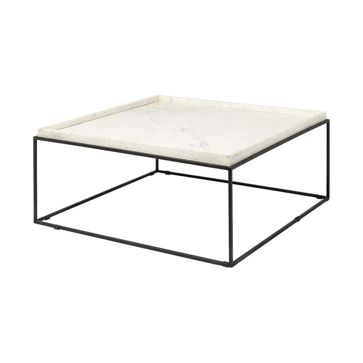 HomeRoots Metal, Other Square White Marble Top and Black Metal Base Coffee Table