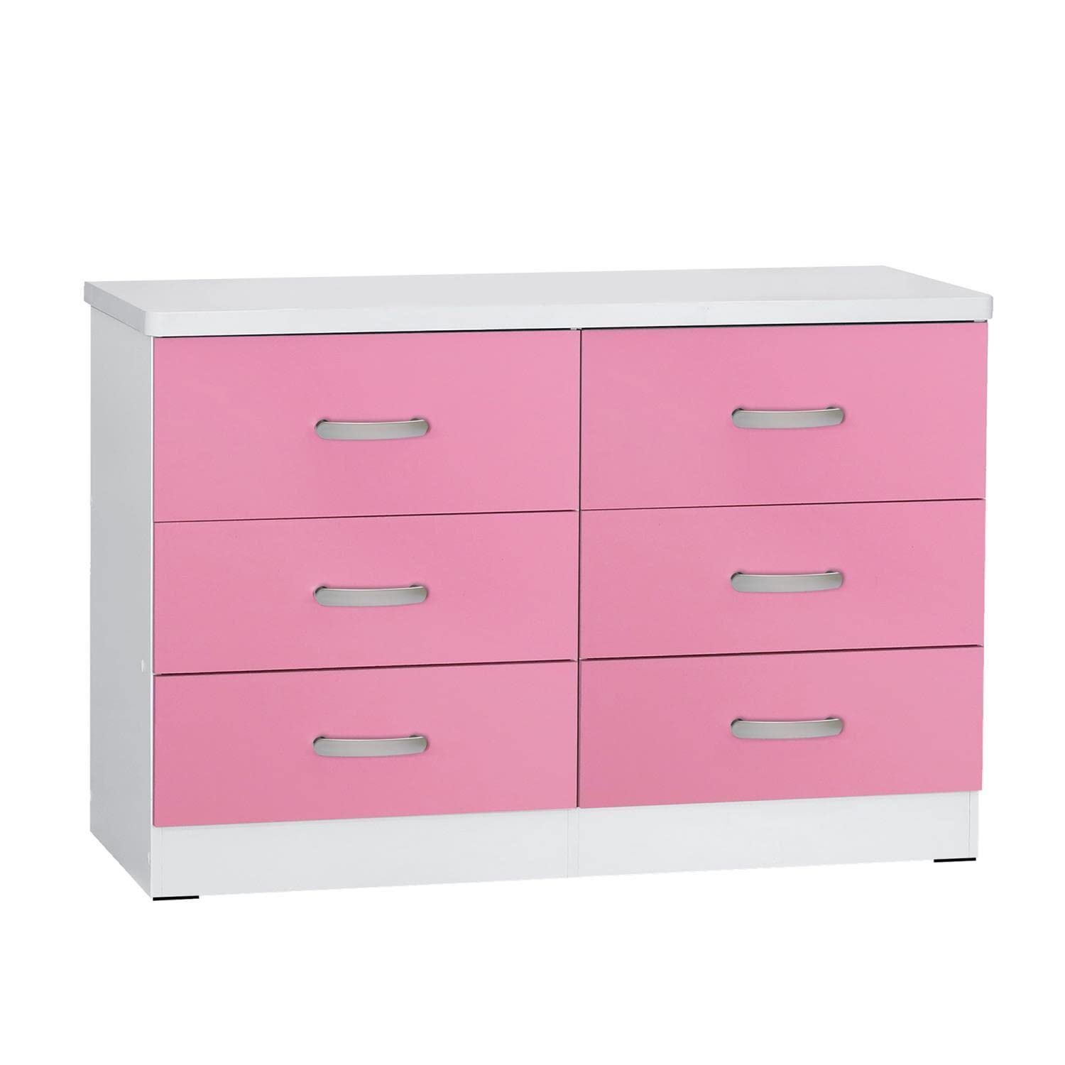 Better Home Products DD and PAM 6 Drawer Engineered Wood Dresser in White and Pink