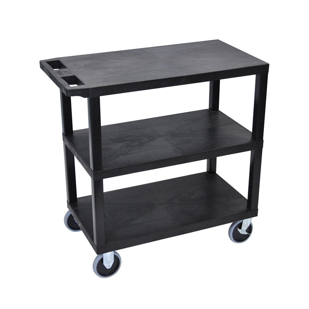 LUXOR EC222HD-B 32&quot; x 18&quot; Cart - Three Flat Shelves, Multipurpose Utility Cart, Four 5&quot; Casters, Two Fixed Non-Locking Casters, Two Full-Swivel Casters with Locking Brake