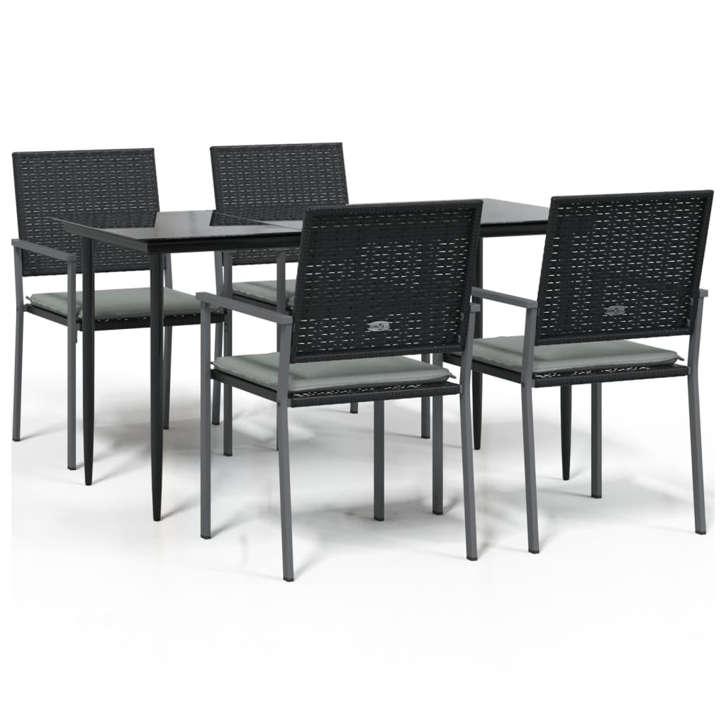 vidaXL 5-Piece Patio Dining Set, Outdoor Furniture with Comfortable Cushions and Tempered Glass Tabletop, PE Rattan and Steel Materials, Black and Light Gray Tones