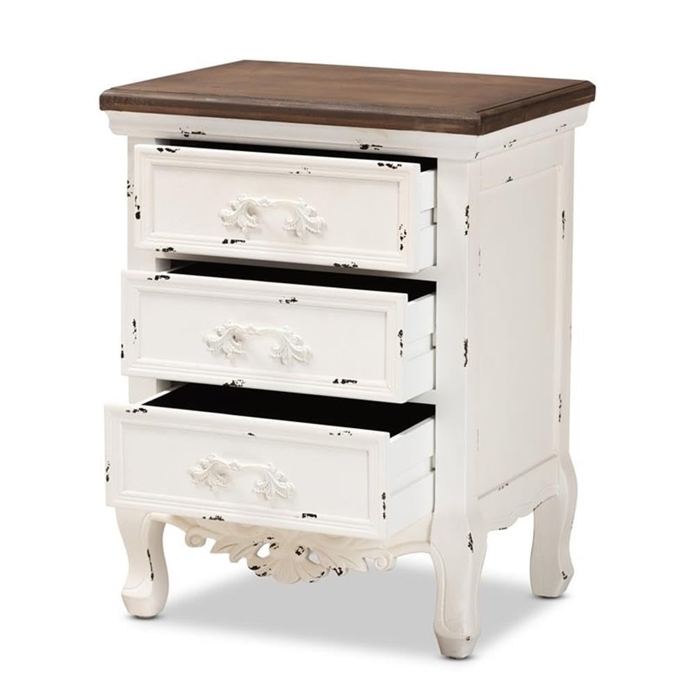 Baxton Studio Levron Classic and Traditional Walnut Brown and Antique White Finished Wood 3-Drawer Nightstand