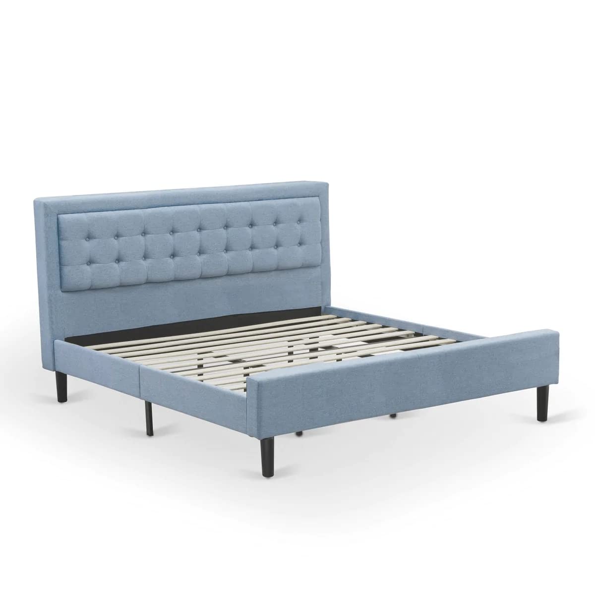 East West Furniture FNF-11-K Platform King Bed Frame - Denim Blue Linen Fabric Upholstered Bed Headboard with Button Tufted Trim Design - Black Legs