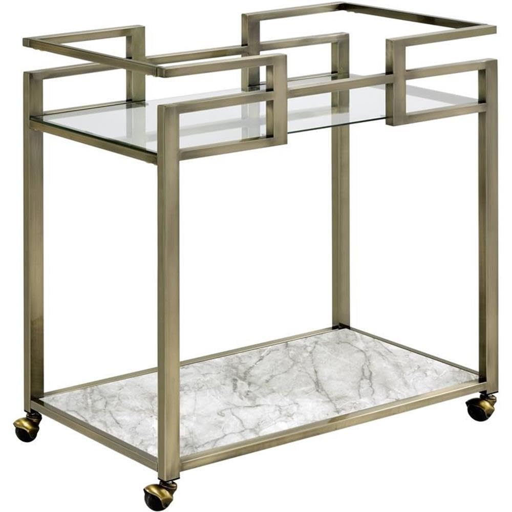 Acme Neilo Metal Frame Serving Cart with Glass Top Shelf in Clear and Wire Brass