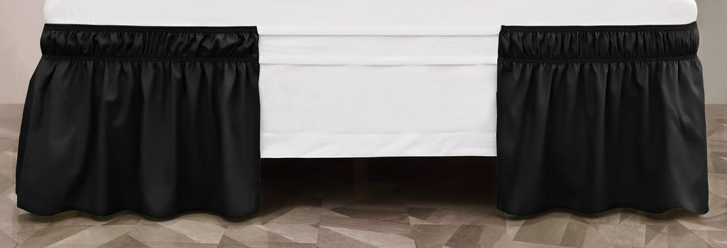 Toodou Easy To Install Wrap Around Bed Skirt Three Fabric Sides Elastic Dust Ruffled 16 Inch Tailored Drop, Fade Resistant-Black