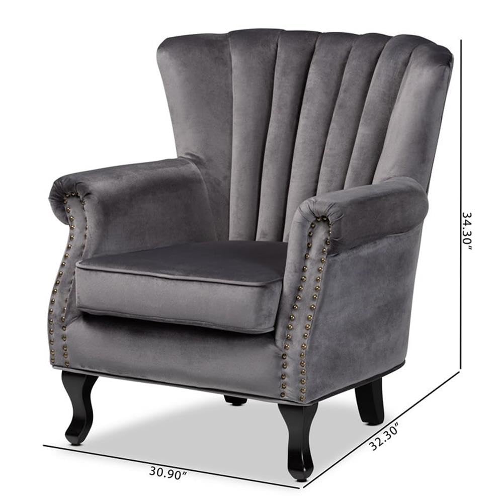 Baxton Studio Relena Gray Velvet and Dark Brown Finished Wood Armchair