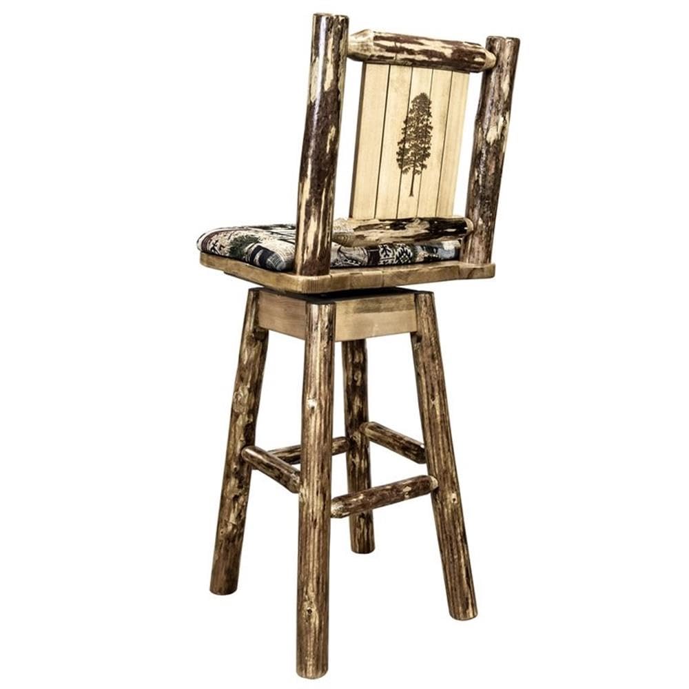 Montana Woodworks Glacier Country Collection Barstool with Back & Swivel, Upholstered Seat, Woodland Pattern with Laser Engraved Pine Tree Design, Stained & Lacquered