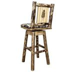 Montana Woodworks Glacier Country Collection Barstool with Back & Swivel, Upholstered Seat, Woodland Pattern with Laser Engraved Pine Tree Design, Stained & Lacquered